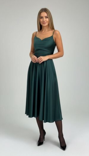 13 Midi garuma satīna kleita. Izlaidumam ideāli piemērota. Zaļa krāsa. Cena 168 eur