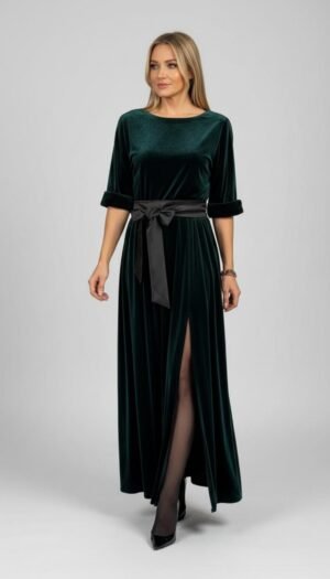 8 Samta kleita, Kleita ar šķēļumu kas izceļ kāju, kleitai ir kabatas, Cena 198 eur, Zaļa krāsa